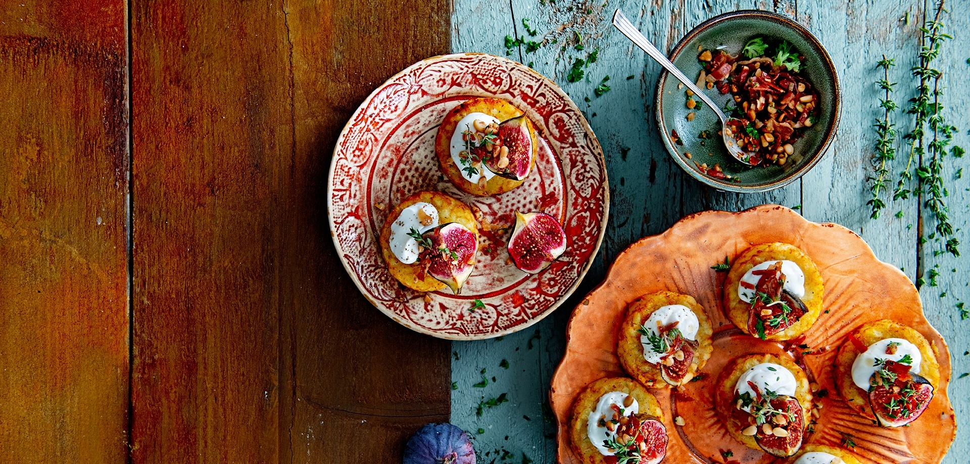 Rosi rounds with whipped ricotta figs and parma ham crumb